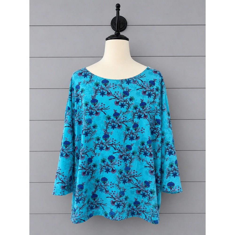 The Talbots Tee Floral Boat Neck Size 2X Blue 3/4 Sleeve Cotton Stretch Top